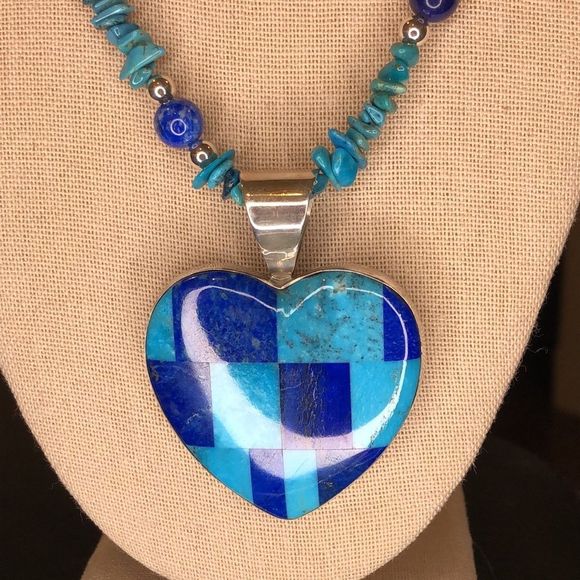 JAY KING DTR Turquoise Lapis Mosaic Inlay Heart Pendant Turquoise Lapis Necklace - Picture 6 of 13